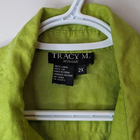 Vintage Tracy M. 100% Linen Lime Green Short Sleeve Collared Button Down Top 2XL - Picture 3 of 8
